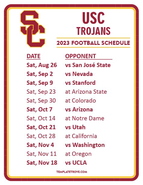 Usc schedule - Dec 16, 2021 · Nov. 19 — at UCLA*. Nov. 26 — Notre Dame. LOS ANGELES — New USC football head coach Lincoln Riley and his Trojans will play seven home games in the Coliseum in his debut season, as the 2022 ... 